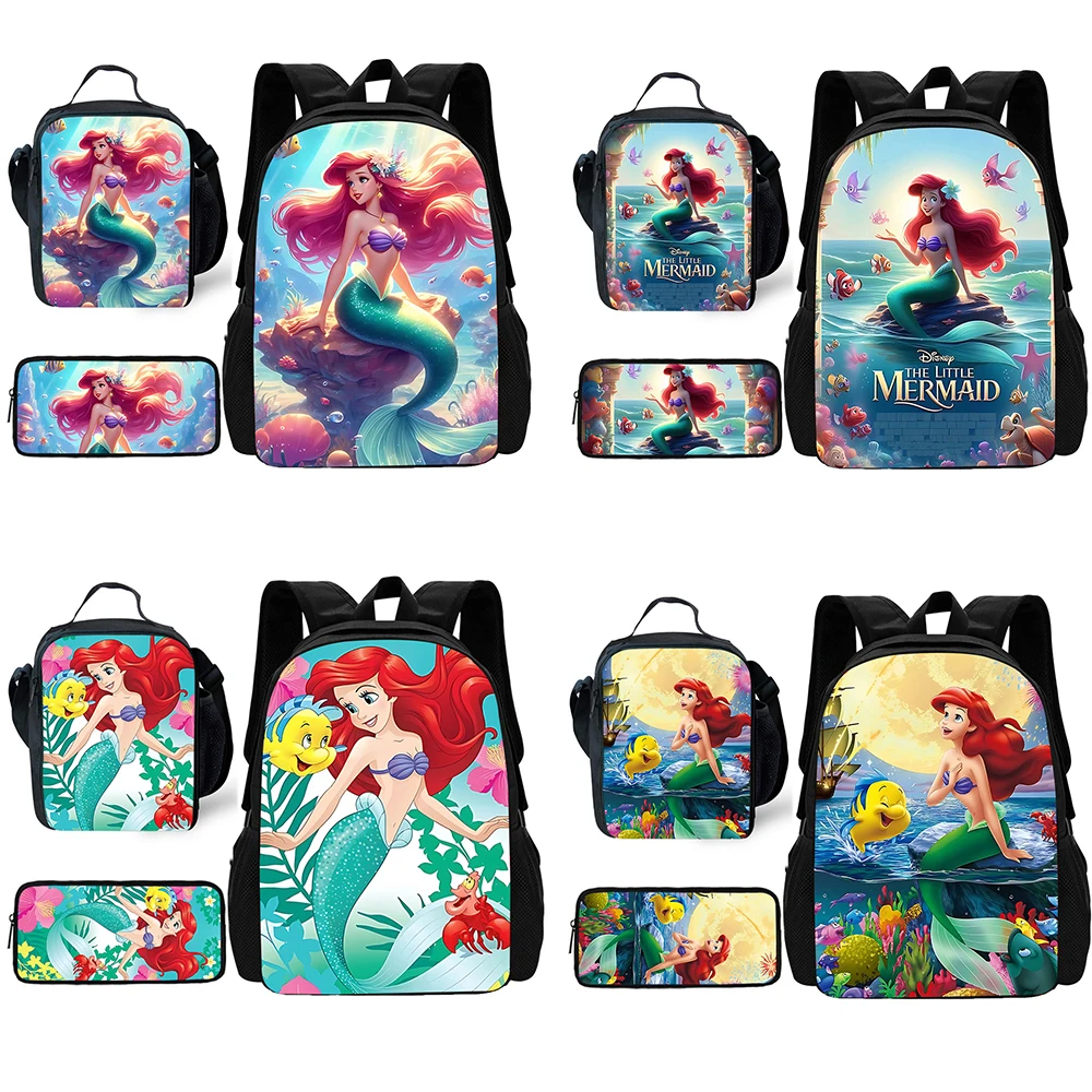 Child Cute cartoon Princess Ariel School Backpack with Lunch Bags ,Pencil Bags ,School Bags for Boys Girls Best Gift