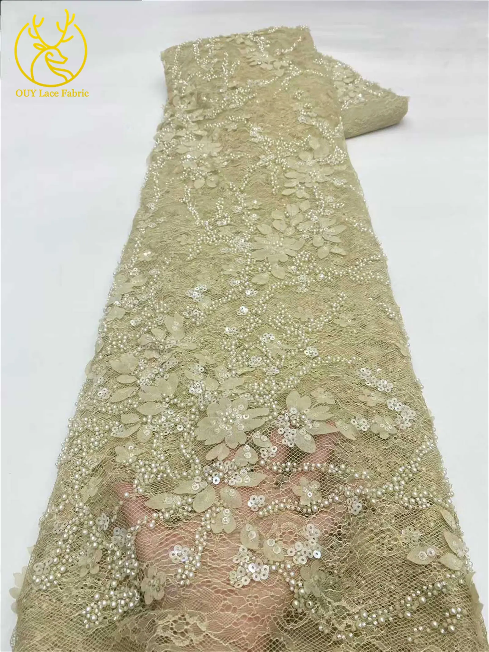 Afrikanischer nigerianischer Bräutigam-Perlen-Spitzenstoff 2026, französisches Netz, 3D-Applikation, Pailletten-Spitzenstoff für Party, Hochzeit, Kleid, Nähen, 5 Yards – Detail 6