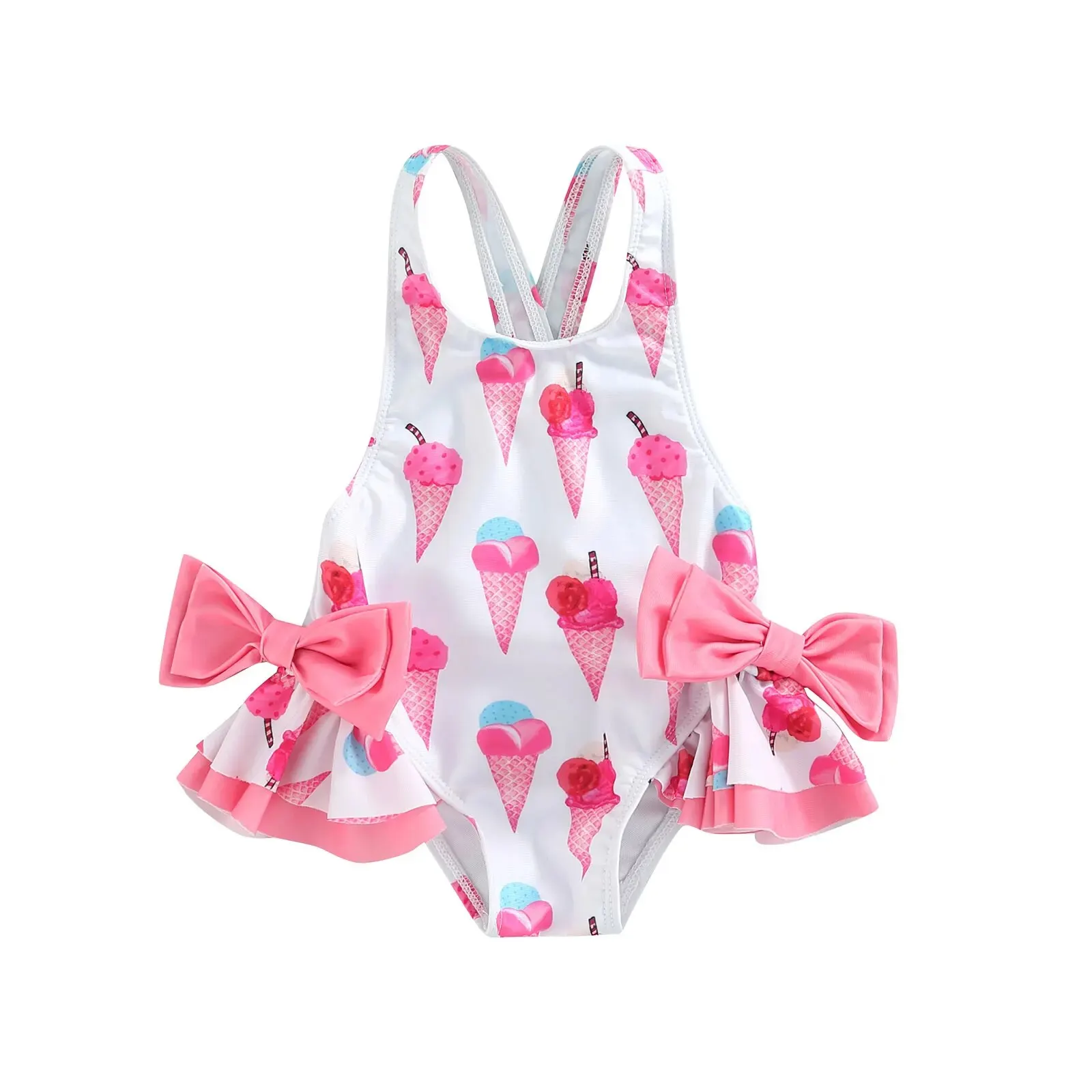 VISgogo Kids Girls Swimwear Sleeveless Doughnut/Ice Cream Printed Large Bowknot Ruffled Triangle Bathing Romper Swimsuit