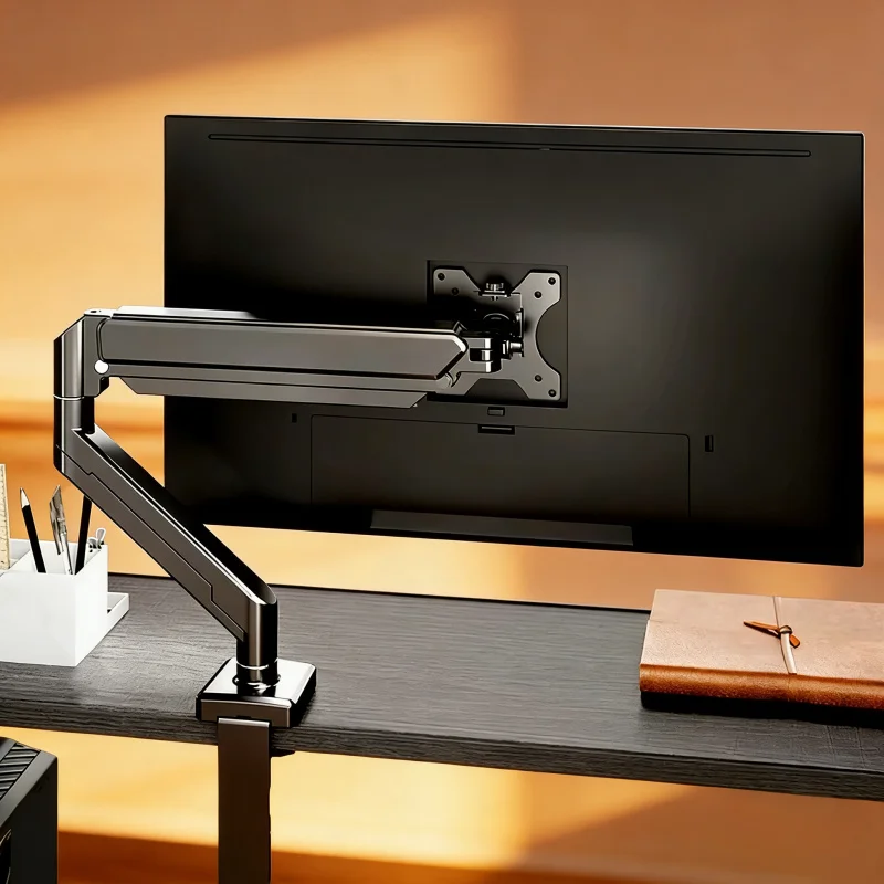 Black Universal Single Monitor Mount, supports 32" screens, 19.8 lbs load, adjustable desk stand.