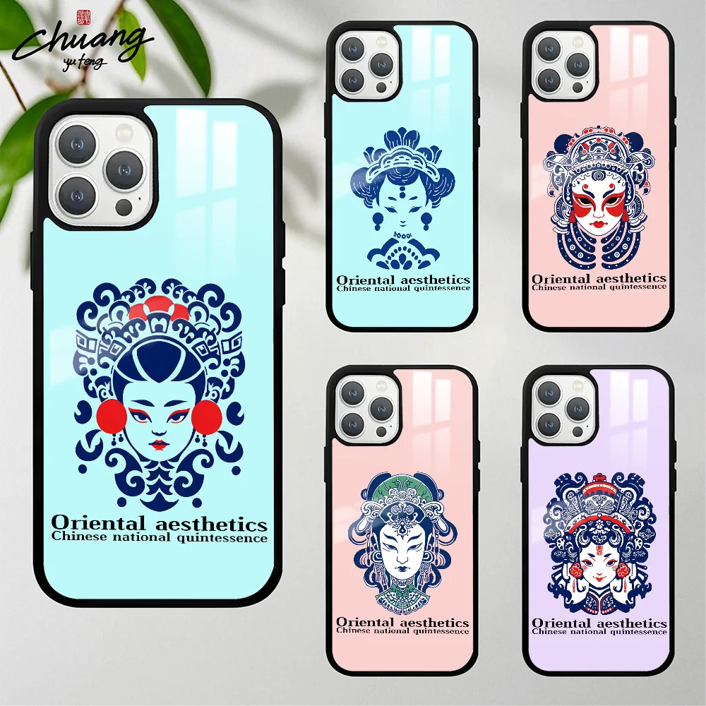 Oriental aesthetic facial makeup Phone Case For 11 12 13 14 15 16Pro Max mini Plus Frosted mirror Phone Cover