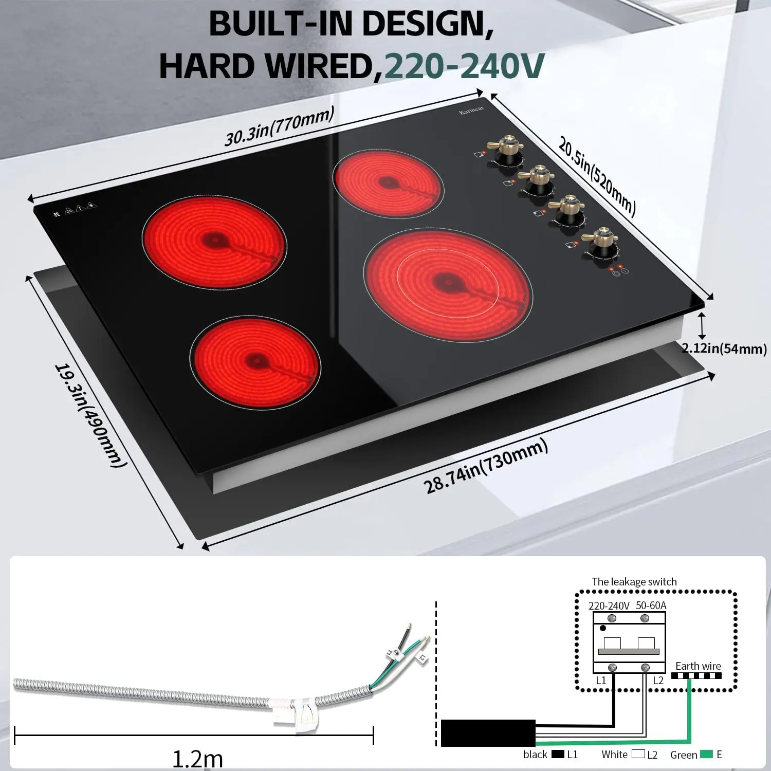 Karinear Electric Ceramic Cooktop 30 Inch, 4 Burners, Knob Control Built-in, 6700W, 220~240V Hard Wire(Gold Knob)