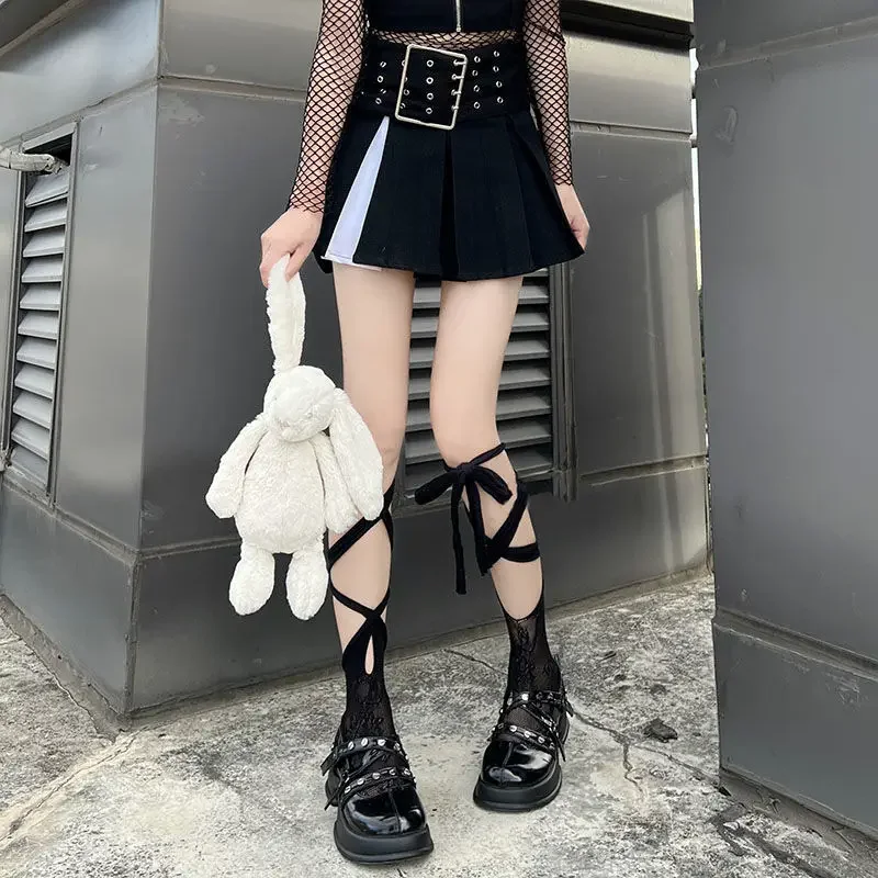 Gothic Lolita Girls Elastic Long Bandage Heart calze a rete Jk Tie Lace Mesh calze donna Sexy Middle Tube Straps calzini fai da te