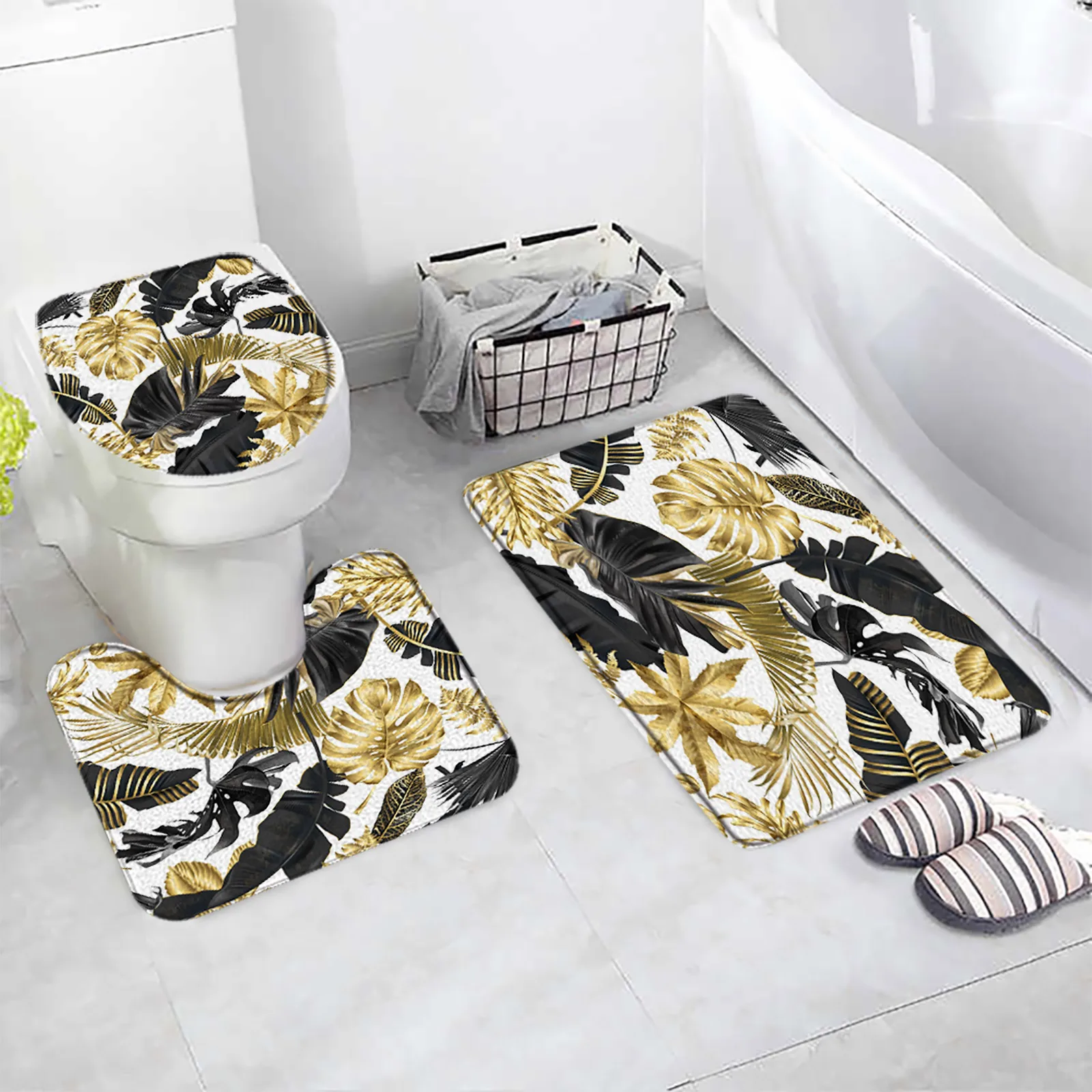 Tropical Leaves Bath Mat Set Green Palm Leaf Monstera White Flower Plants Home Carpet Bathroom Decor Floor Rugs Toilet Lid Cover