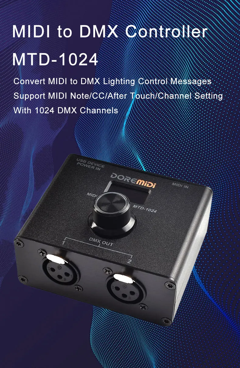 DOREMiDi MIDI to DMXコントローラー (MTD-1024) DOREMiDi Kontroler MIDI na DMX (MTD-1024) może konwertować