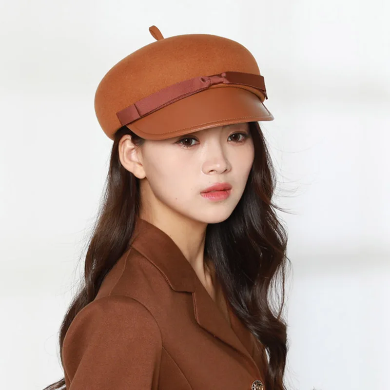 Warm Winter Hat for Women Wool  Newsboy Cap Fiddler Hats French Style Beret Hat Round Top Bow Visors  PU Leather Brim Sun Hat