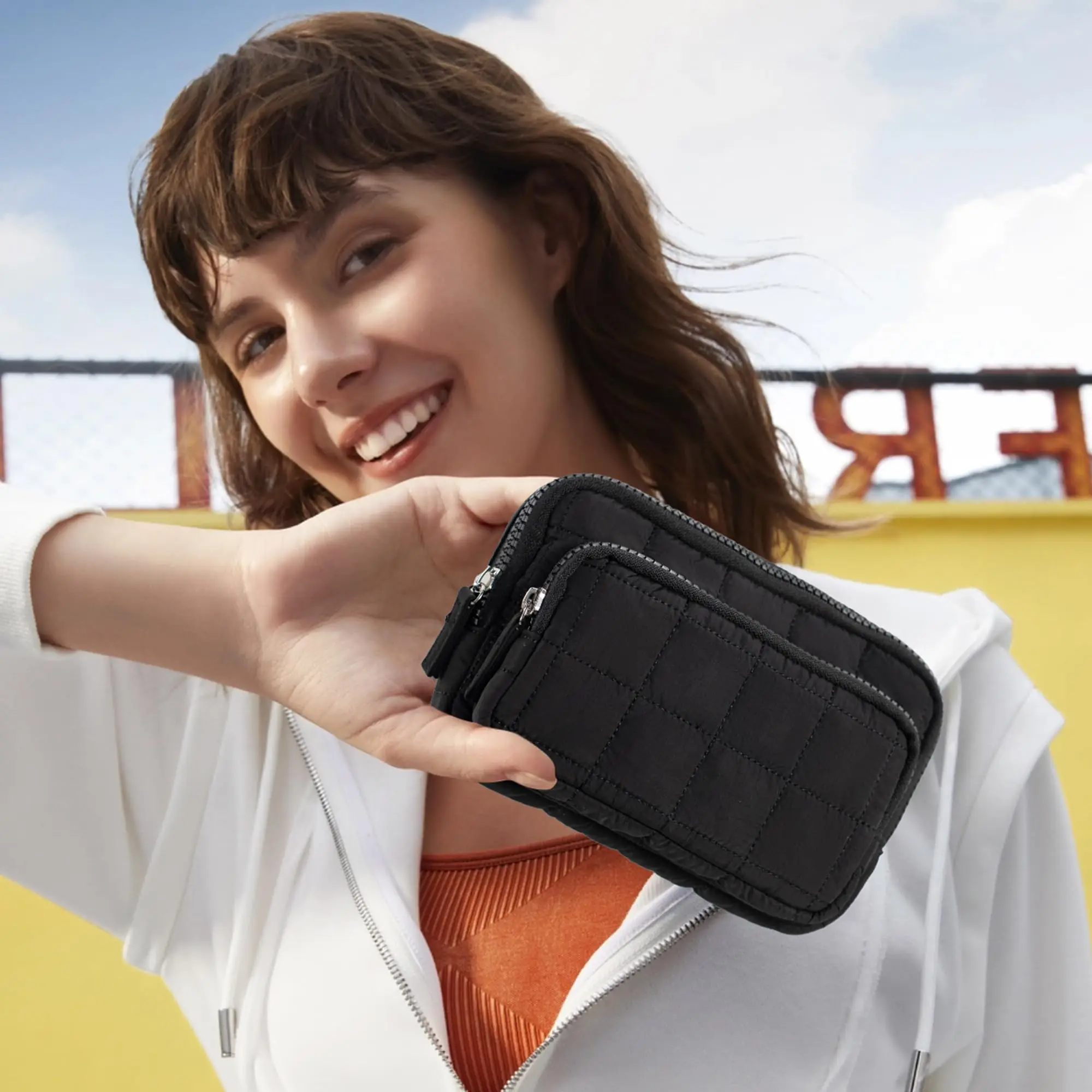 กระเป๋าสตางค์คล้องข้อมือสําหรับผู้หญิงกระเป๋าสตางค์ไนลอนผ้าพร้อมกระเป๋าซิป 3 กระเป๋าสําหรับเดินทางผู้ถือบัตรเครดิตโทรศัพท์ออแกไนเซอร์