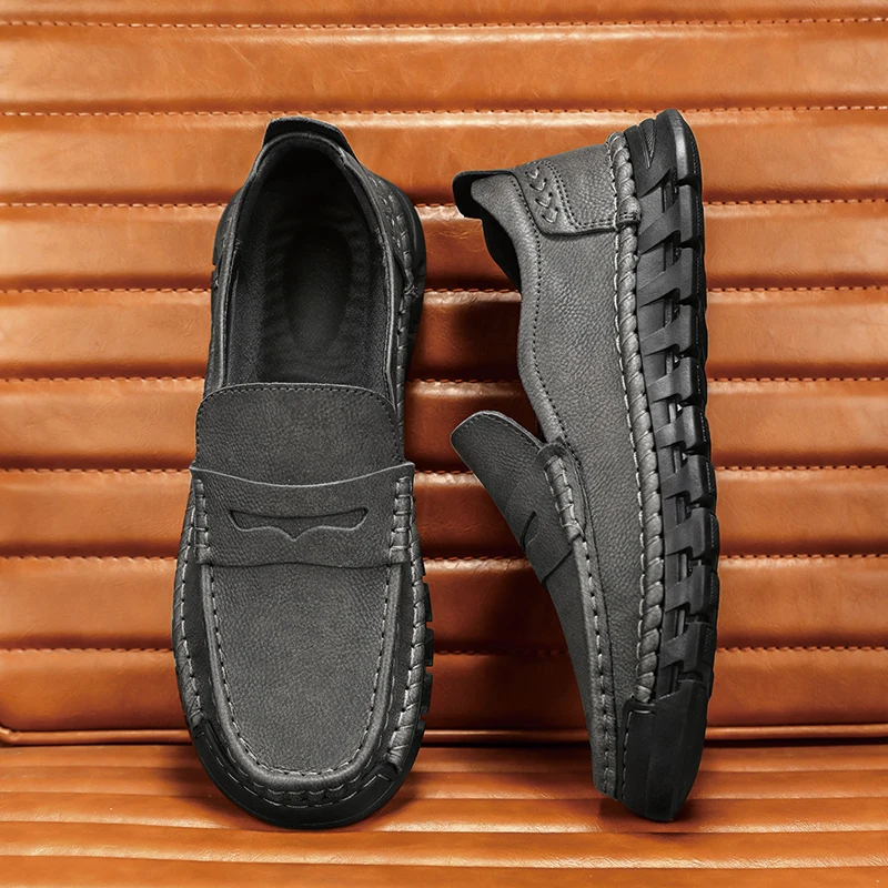 

Hot sale 2025 office Men's shoes Slip-on casual leather shoes man loafers grey Hand-sewn business work Shoes dress shoes size 46
