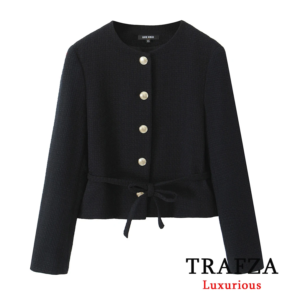 TRAFZA Office Lady Chic Black Sashes Jacket Women Long Sleeve O Neck Buttons Coats Fashion 2024 Autumn Winter Streetwear Outwear