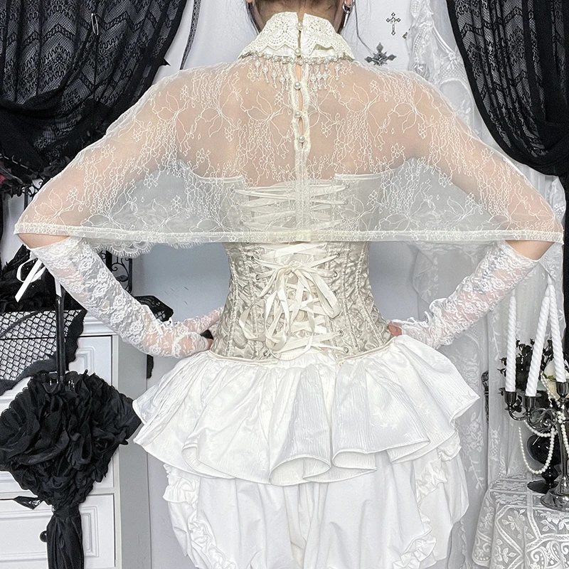 Lilac XN Goth Sexy White Lace See Through Smock Cloak Sweet Aesthetic New Fashion High Collar Women Short Tops Partywear