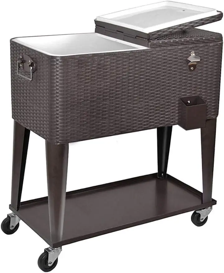 

80 Quart Qt Rolling Cooler Ice Chest Cart for Outdoor Patio Deck Party, Dark Brown Wicker Faux Rattan Tub Trolley, Portable