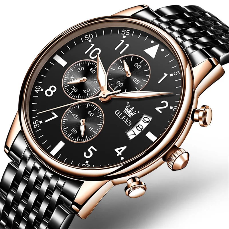 

OLEVS Black Steel Sport Chronograph Men's Watches Stainless Steel Band Luminous Auto Date Quartz Pilot Watch Men Reloj Hombre
