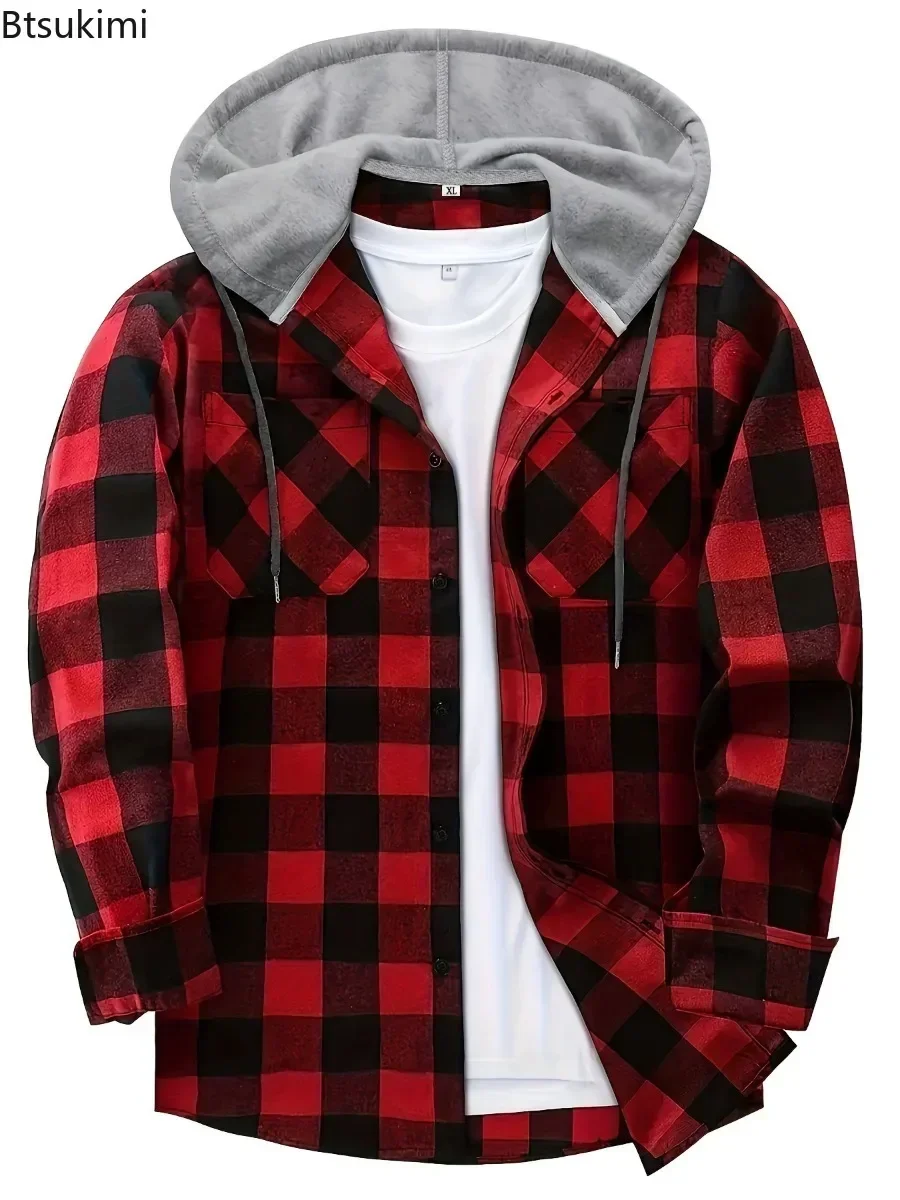 Spring Autumn Men's Plaid Shirts Loose Casual Long Sleeves Shirt Jackets Fashion Hooded Cardigan Coats Simple Sport Tops for Men