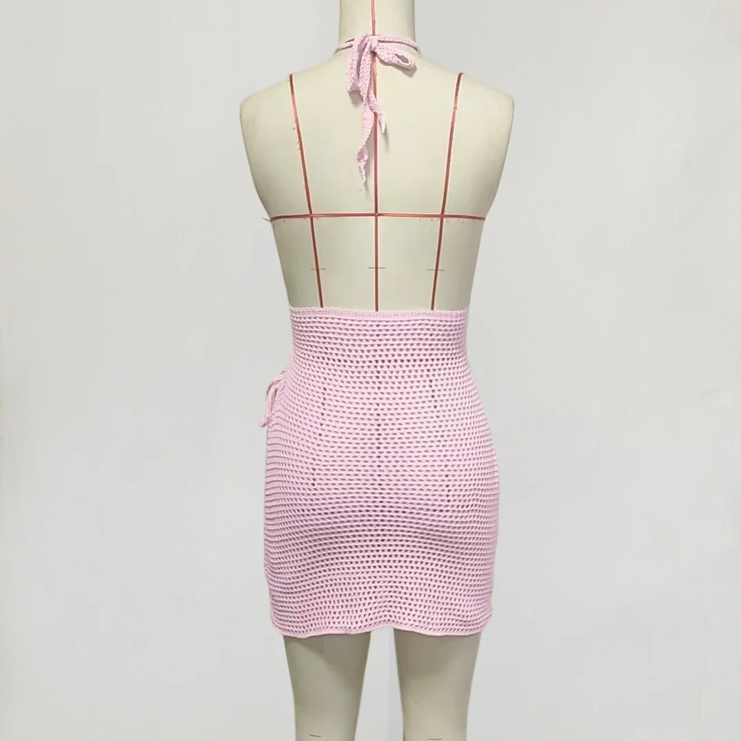 4-farbiges, V-Ausschnitt-Halfter-Kleid mit Ausschnitten, gehäkelt, gestrickt, Tunika, Strandkleid, Strandmode, Strandbekleidung, Strandüberwurf, Damen, V7001 – Detail 12