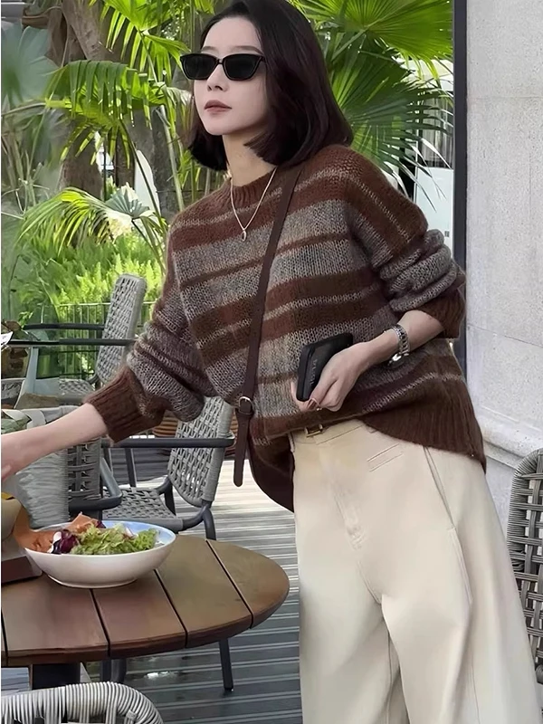 

Ранняя осень, свободный женский свитер-камера, полосатый цветной вязаный топ, повседневный длинный свек, круглый Ne Regular Thi...