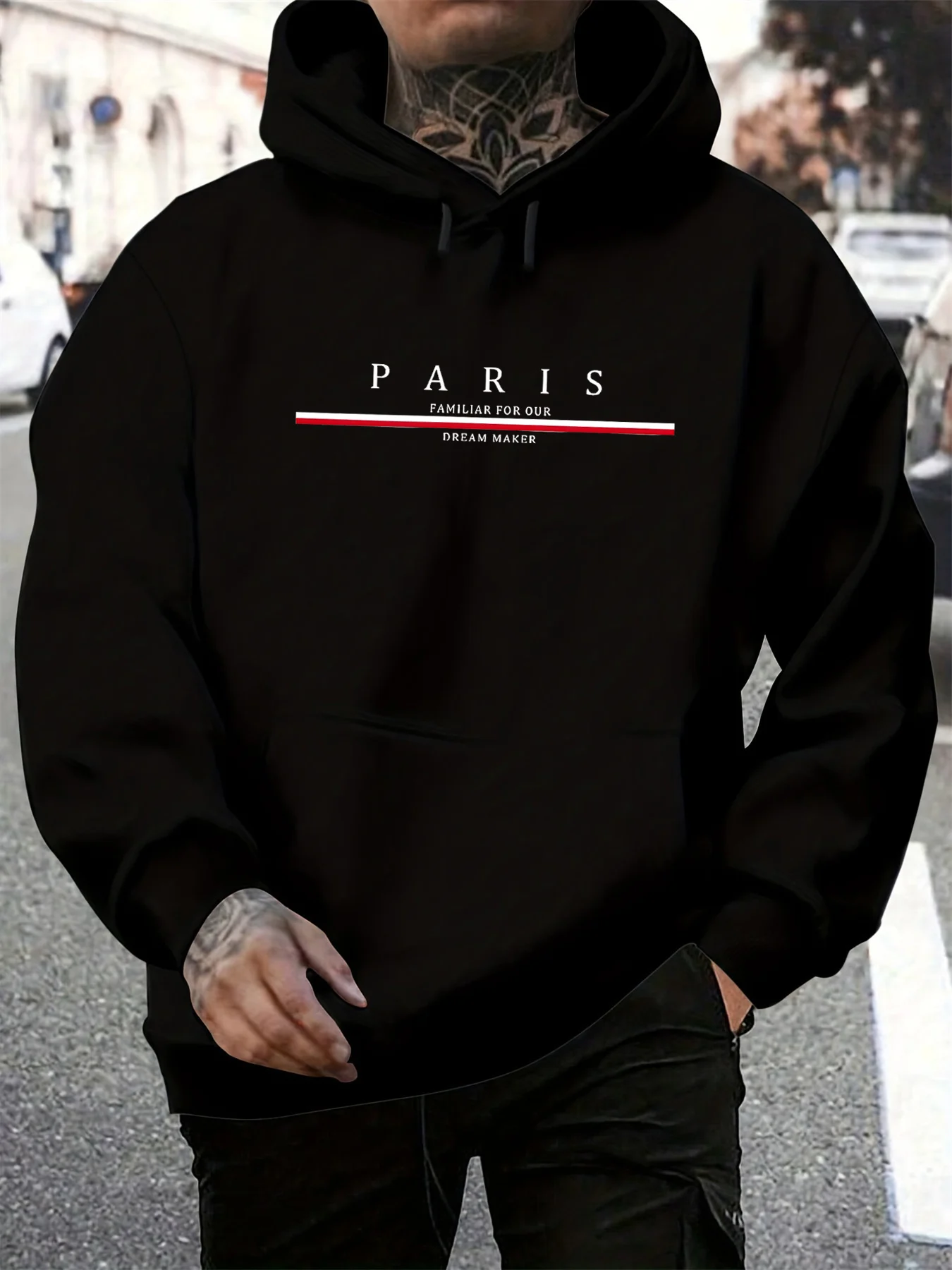 سويت شيرت رجالي للخريف والشتاء كاجوال فضفاض بقلنسوة مطبوع عليه حروف باريس بلوفر دافئ بأكمام طويلة