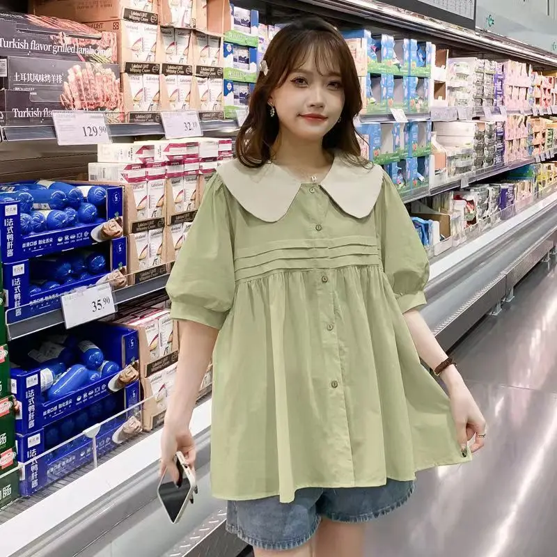 الحلو بيتر بان طوق تقسم طيات فانوس كم قمصان الملابس النسائية 2025 صيف جديد فضفاض الكورية بلايز كل مباراة البلوزات #1