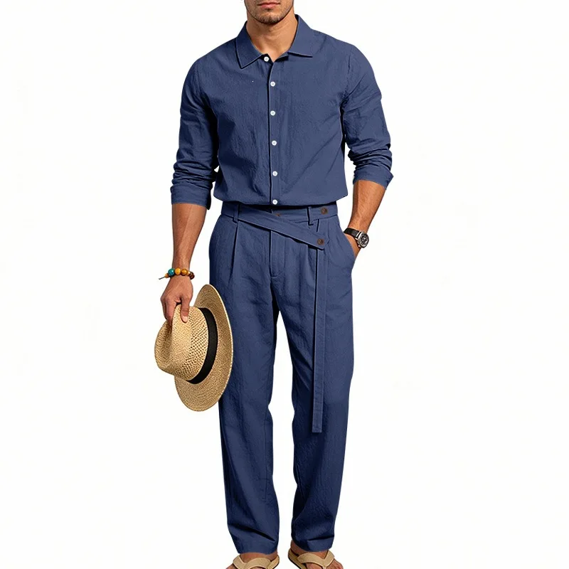 

Cross-border Four Seasons Men's Linen Casual Set Amazon Loose Lapel Shirt Shirt Long Sleeve Pants Set Wholesale