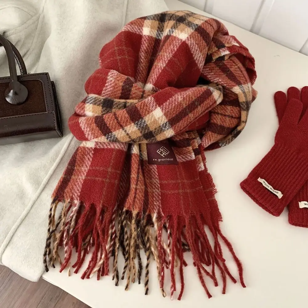 

Warm Sweet Plaid Wool Scarf New Year Winter Knitted Scarves Tassel Solid Color Red Long Shawl Christmas