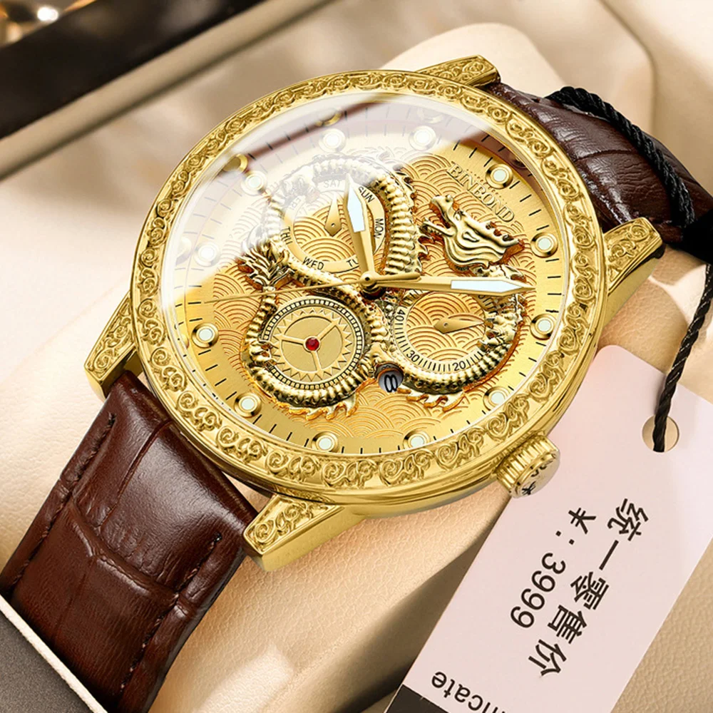 

2023 New Luxury Gold Men Watches Embossed Dragon Leather Quartz Waterproof Luminous Business Wristwatch Clock Relogio Masculino