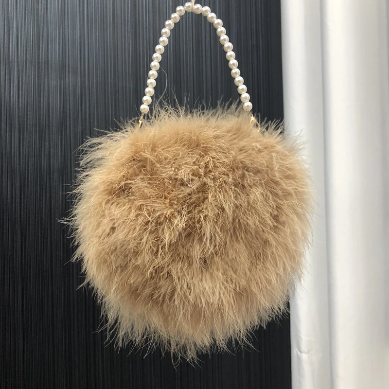 Real Ostrich Feather Handbag for Women Mini Purse Clutch with Pearl Chain Luxury Evening Party Round Bag