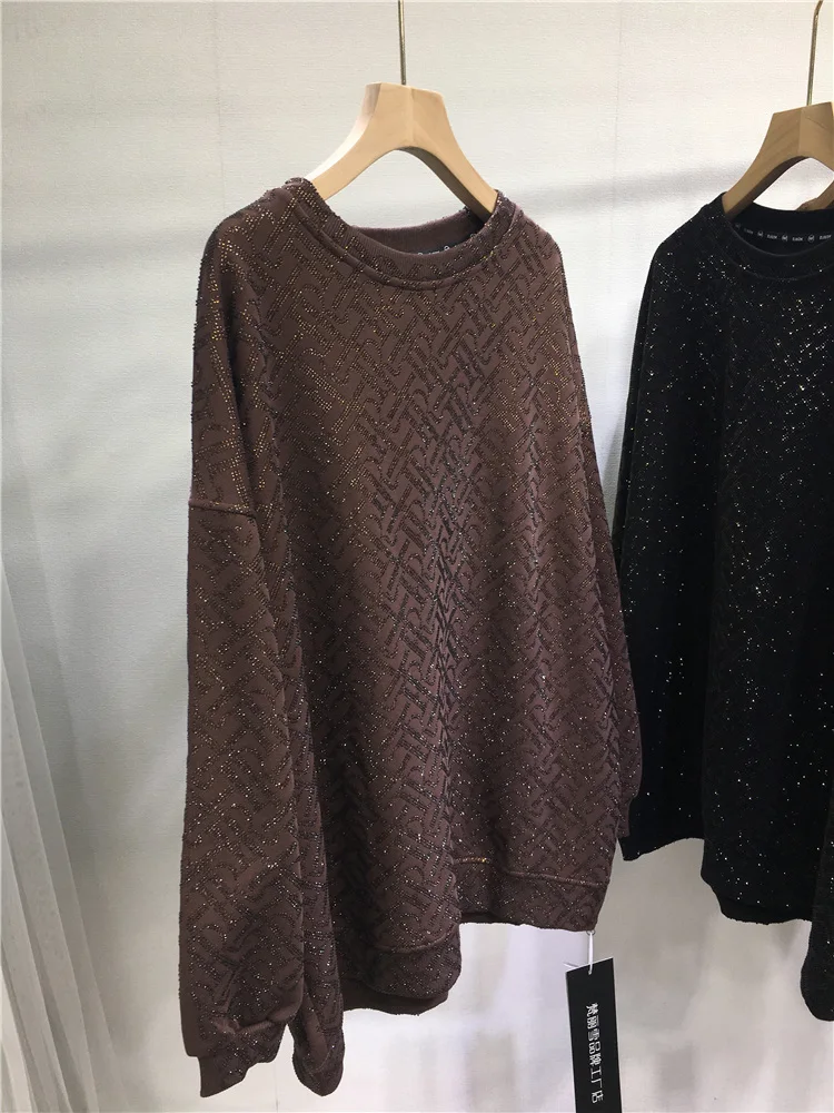 Sweat-shirt polaire à strass pour l'industrie lourde européenne, col rond, lettre ample, mi-long, polyvalent, tendance automne hiver