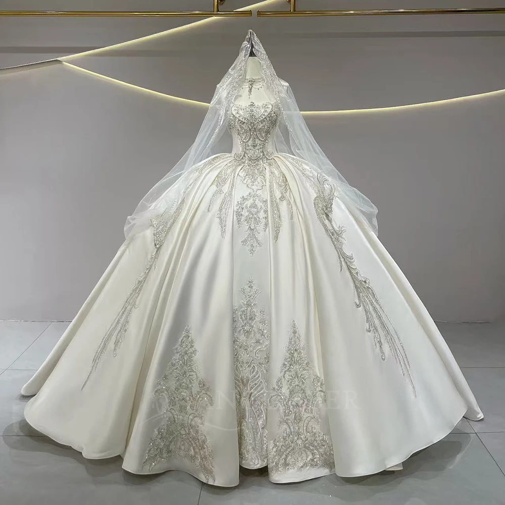 

Customized Strapless Sequin Sleeveless White Wedding Dress Ball Gown Floor Length Sweep Train Lace Up Bridal Gown suknia ślubna