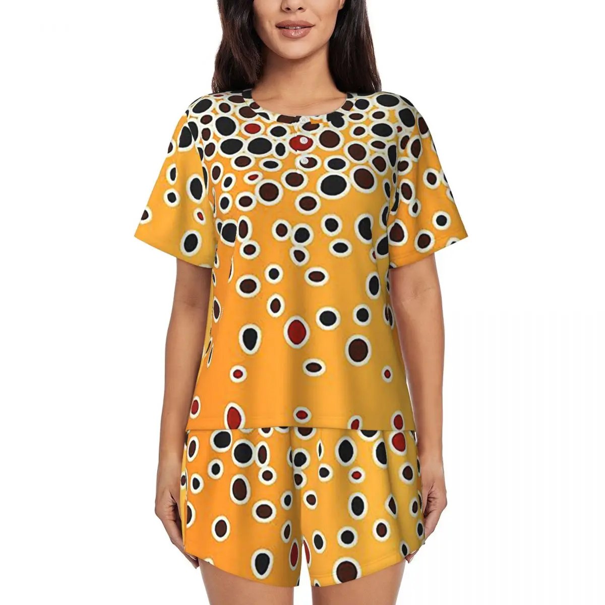 

Ночная рубашка с круглым вырезом и короткими рукавами из кожи коричневой форели для сна, женский свободный пижамный комплект с короткими штанами