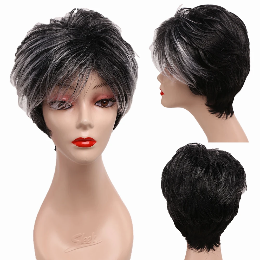 Amir Short Gray Hair Wig Synthetic Straight Hair Wigs Grey Black Wig Bob Short Curly wigs for Women's Wigs Cosplay