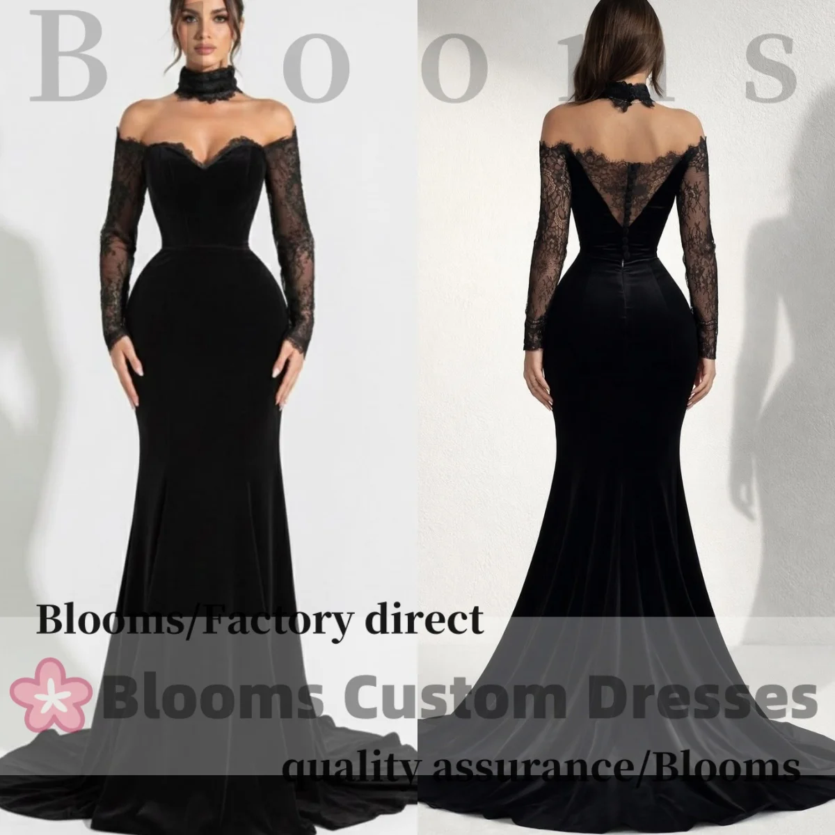 Customized Lace Long Sleeves Off Shoulder Black Velvet Evening Dresses For Formal Occasion Prom Dress Buttons Mermaid Party Gown