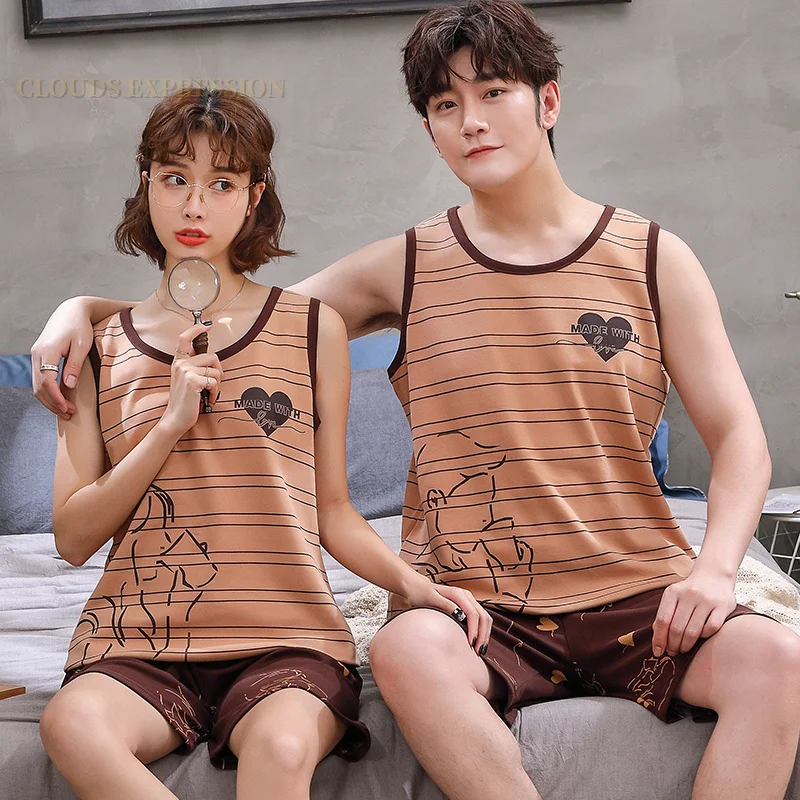 Summer New 100% Cotton Cartoon Print Couple Pajama Set Pyjamas Kawaii Sleep Lounge Sleeveless Sleepwear Suits Pajamas for Lovers