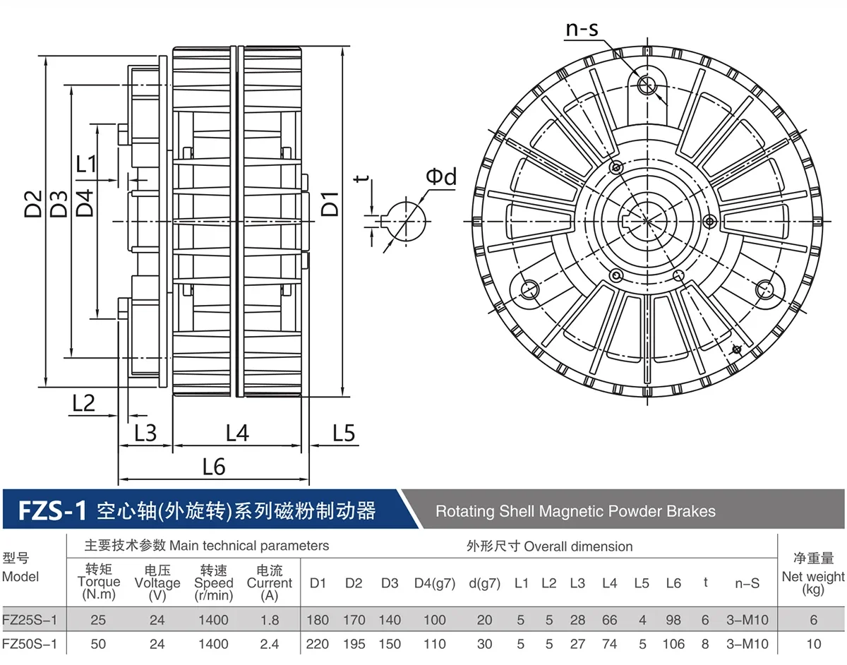 Shengda FZ50S-1 Manufactures Powder Brakes for Printing Machinery External Rotating Hollow Shaft Magnetic Powder Brakes