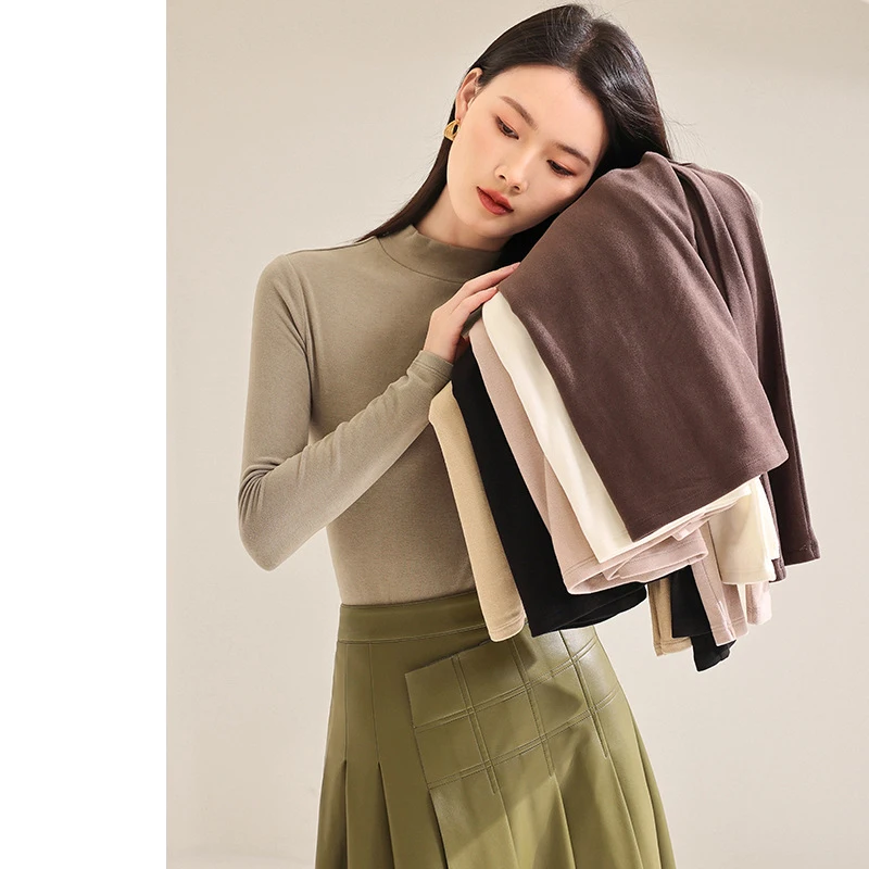 Double-Sided Brushed Thick T-shirt Winter Wool Self Heating Turtleneck Pile Collar Long Sleeve Warm Undershirt