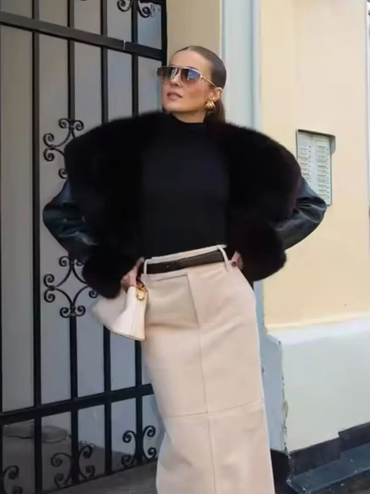 

HH Женский зимний модный меховой воротник сращенный ​ ​ Кожаная куртка с длинным рукавом, женская уличная повседневная теплая короткая куртка из искусственной кожи Mujer