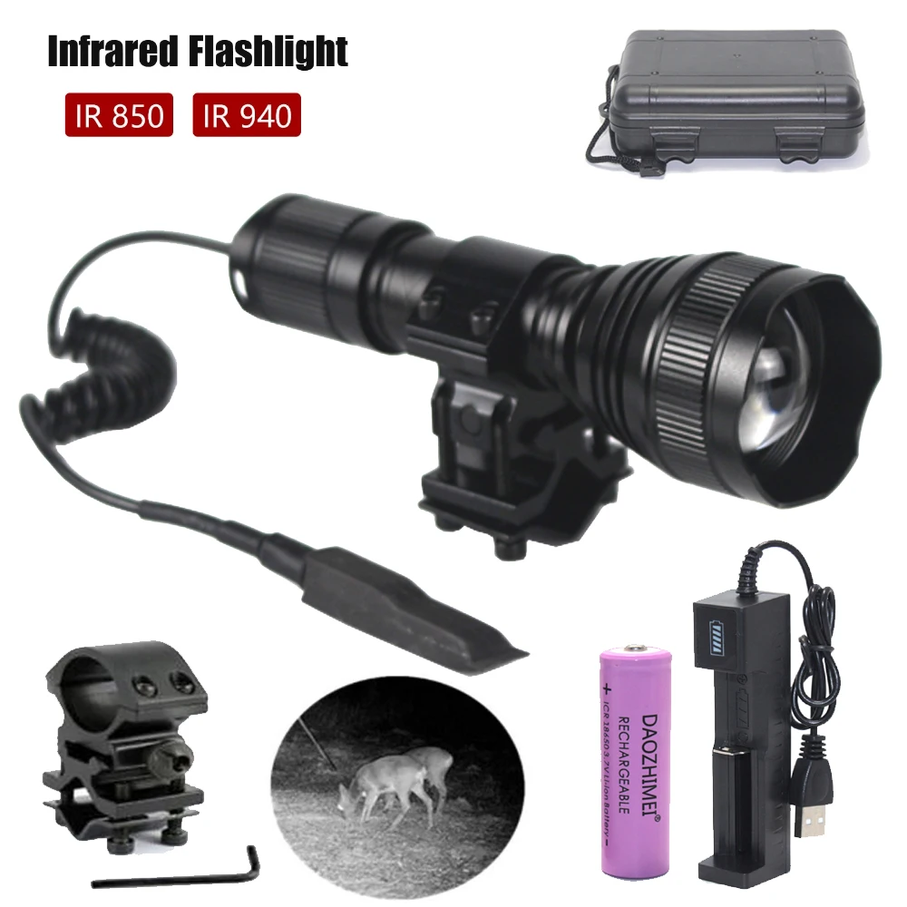 

T21 IR Hunting 940nm/850nm Light Infrared Flashlight Zoomable Night Vision Torch +18650+USB Charger+Switch+Mount