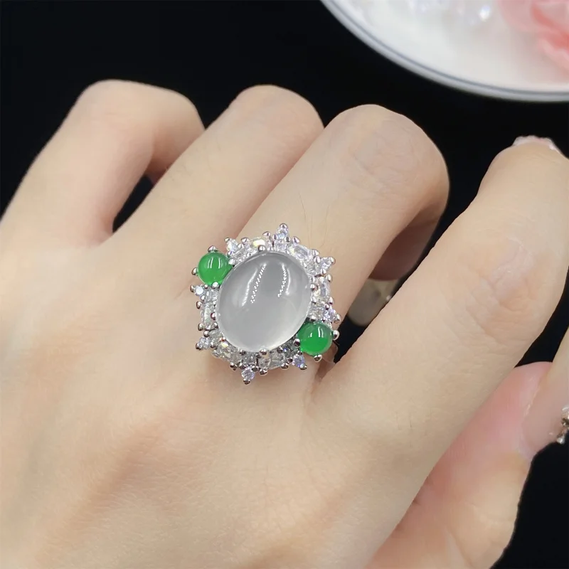 

Natural White Chalcedony Gray Agate Three-Piece Set Full Diamond Open Ring for Women Elegant Luxurious Pendant Earrings