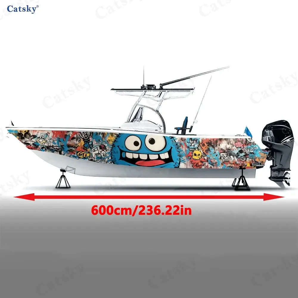 2Pcs Graffiti Cartoon Boat Hull Sticker, PVC Waterproof Durable Vinyl Wrap Decals for Fishing Boats, Durable and Stylish Design