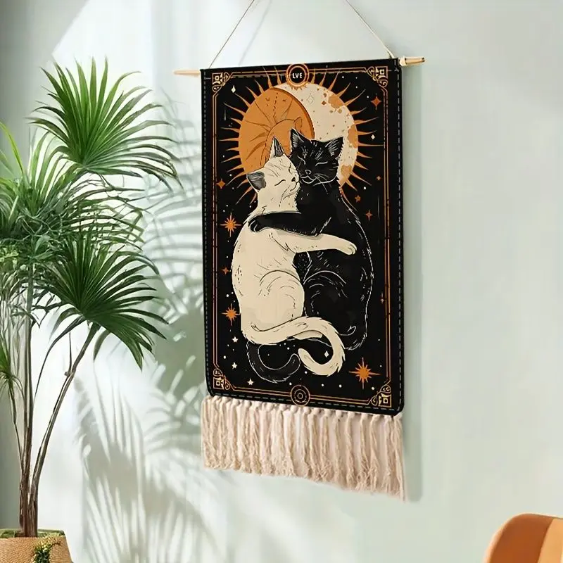 VIKAMA Mystische Katze Wandbehang Sonne Mond Fransen Kunst für Schlafzimmer Wohnheim Boho Vintage Hintergrund Heimdekoration
