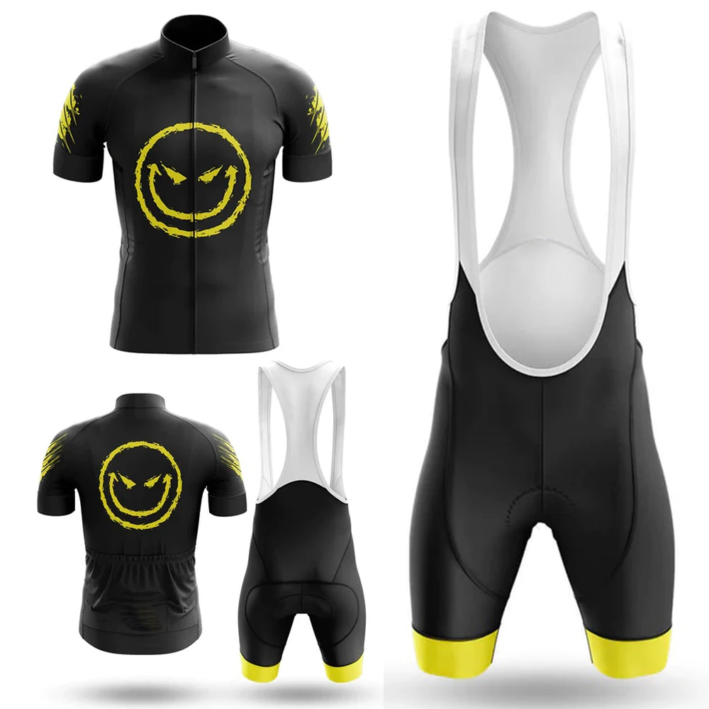 

NEW Men's Evil Smile Face Cycling Kit Black Shirt Bicycle Jerseys Short Sleeve Sets Clothing Bib Pants Bike Wear