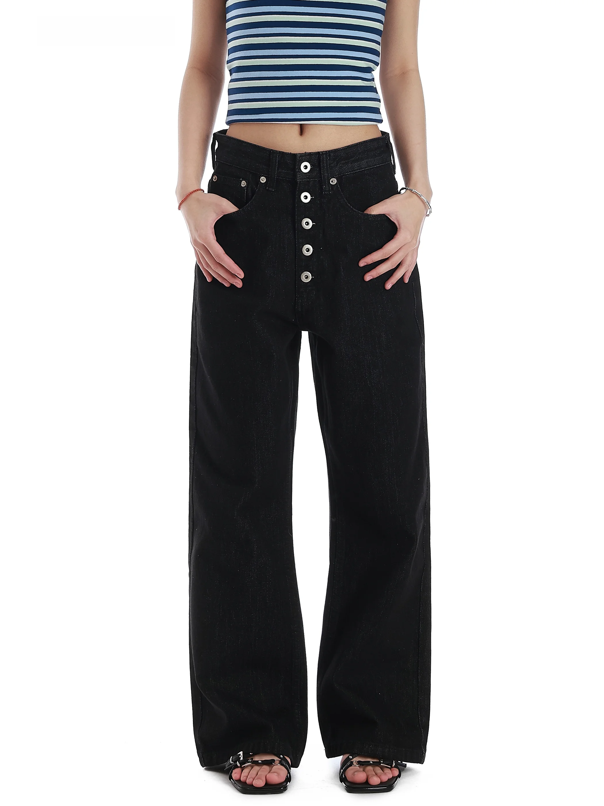 

American Style Simple Single Button Flared Jeans Men Women Trendy Vintage Washed Draping Straight Leg Long Pants Casual High ...