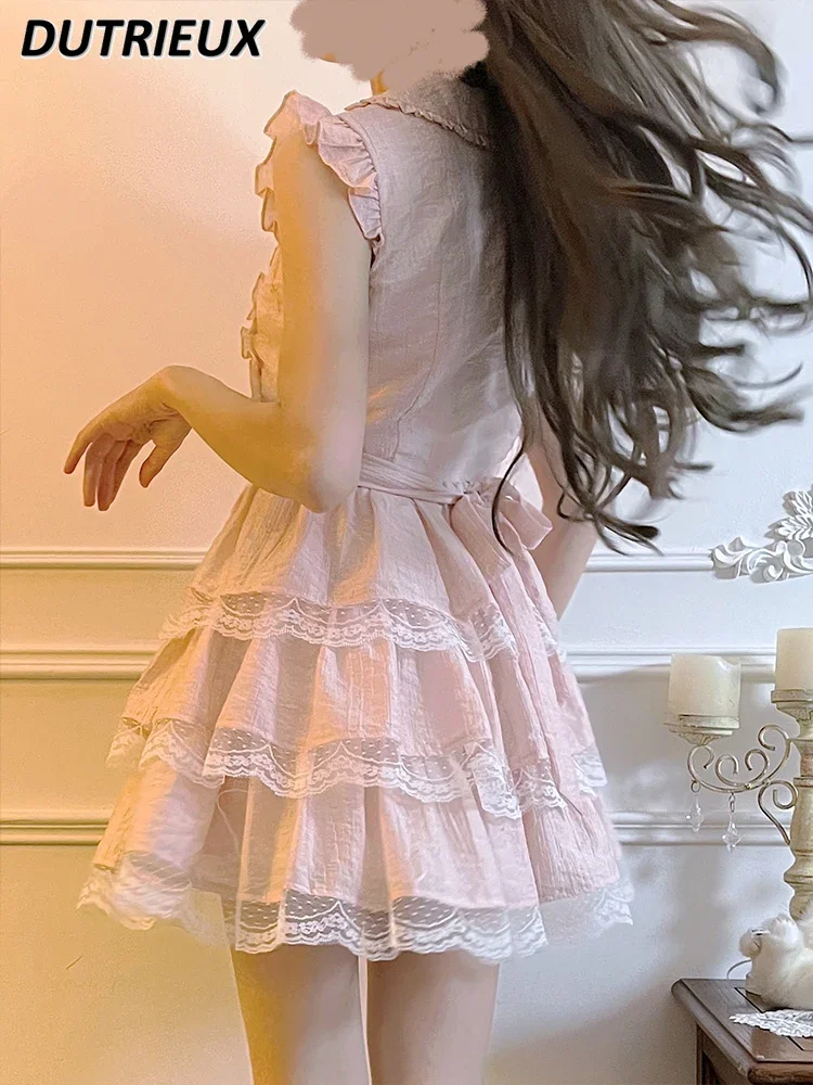 Vestido de princesa rosa de manga voladora, diseño Original japonés, vestido ajustado a la cintura, Vestido corto de princesa con borde de encaje, dulce y lindo, Verano