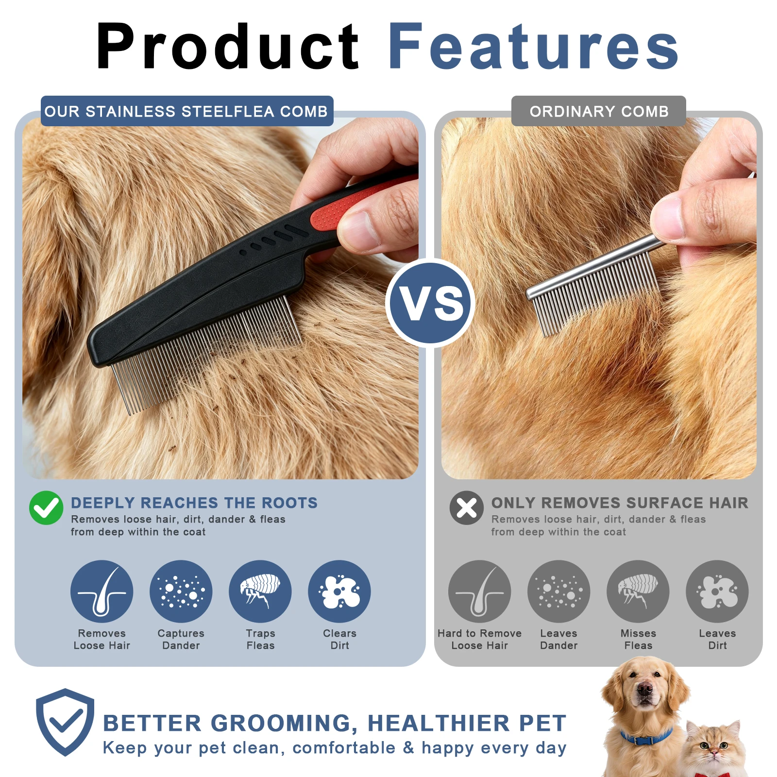 Professioneller Flohkamm für Hunde, Katzen und andere Haustiere – ideal zum Entfernen von Flöhen und Zecken sowie zum Ausbürsten von ausgefallenem Fell. – Detail 4
