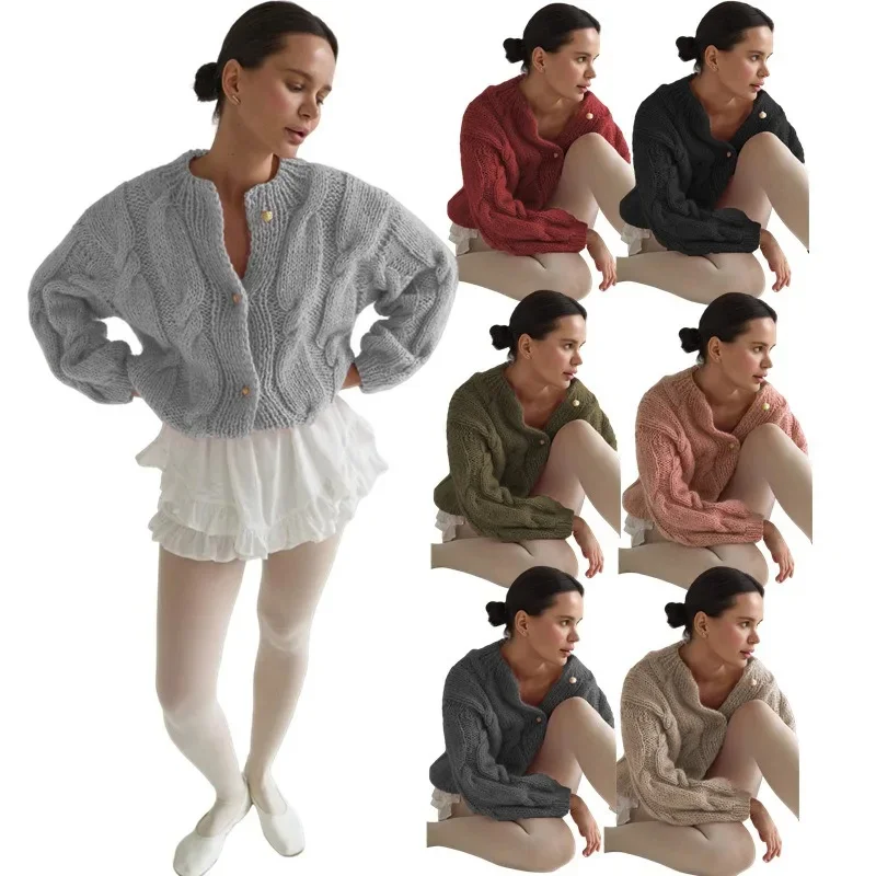 

Knit Sweater Cardigan Women Autumn Chic Elegant Gold Button Loose Solid Color Tops Open Front Outerwear Thick O-Neck Coat New