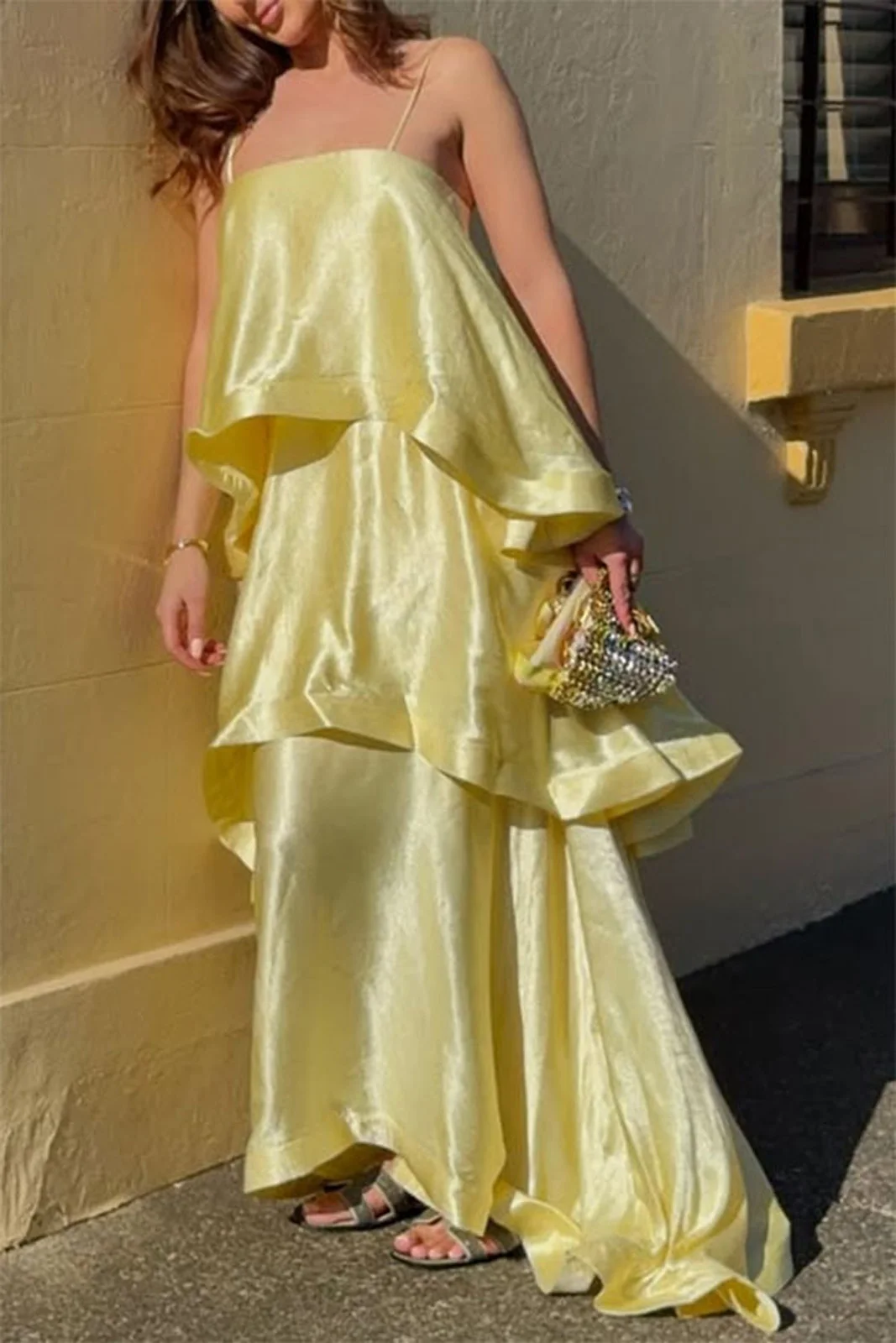 

GlamGaze Elegant Layered Satin Strapless Maxi Dress For Women Ruffle Tiered Flowy Summer Vacation Party Evening Outfit