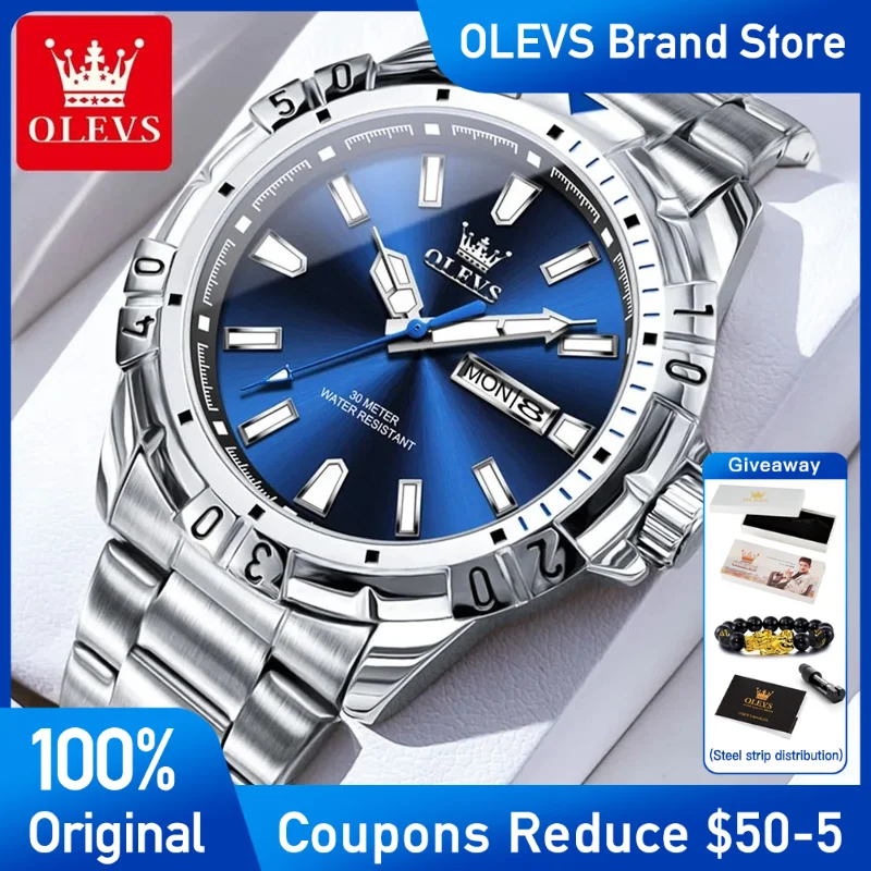 OLEVS Mens Watch Classic Business Stainless steel Brand Quartz Watch Waterproof Luminous Watch For Men Dual calendar Reloj