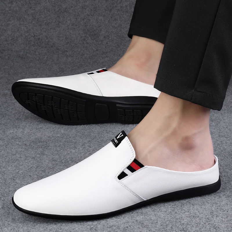 2024Lujosas sandalias de verano para adultos, moda informal para hombres, mocasines de cuero de medio arrastre, mocasines transpirables, zapatos Mueller