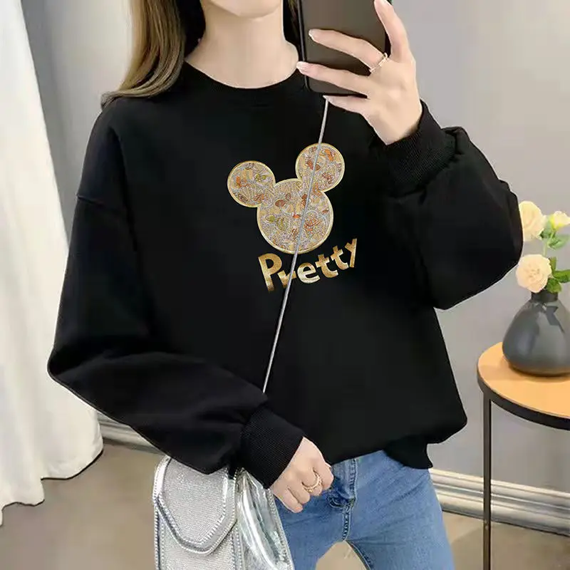 Autumn and Winter Women\'s Crew Neck Long Sleeves Printing Loose Pullovers Korean Hoodies Fashion Classic Casual All Match Tops