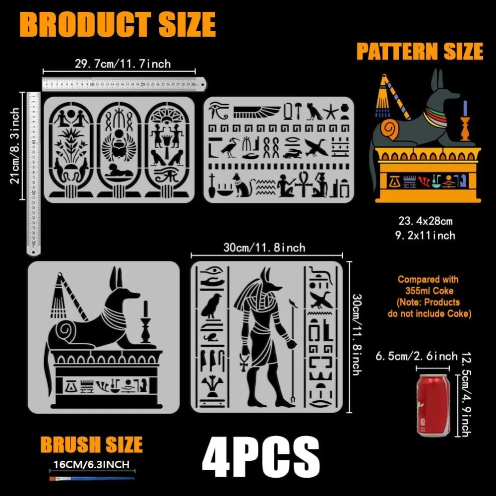 Pochoir de symboles égyptiens pour peinture avec pinceau A4/11.8 pouces, modèle de thème égyptien réutilisable dieu Anubis Sphinx PET pour la décoration, 4 pièces