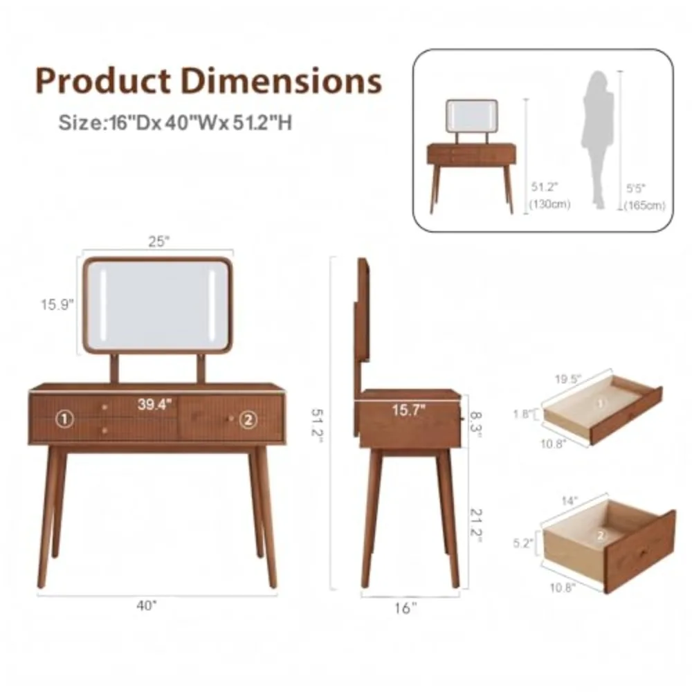 Wood Vanity with Mirror Light, Three-Drawer Vanity, Three-Color Adjustable Vanity Mirror, Suitable for bedrooms and