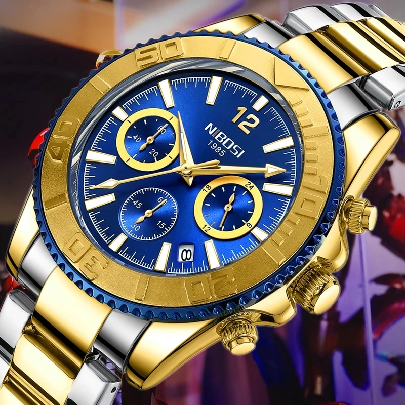 NIBOSI Brand Sport Men's Watches Stainless Steel Chronograph Quartz Watch Men 24 Hour Luminous Blue Wristwatch Relogio Masculino